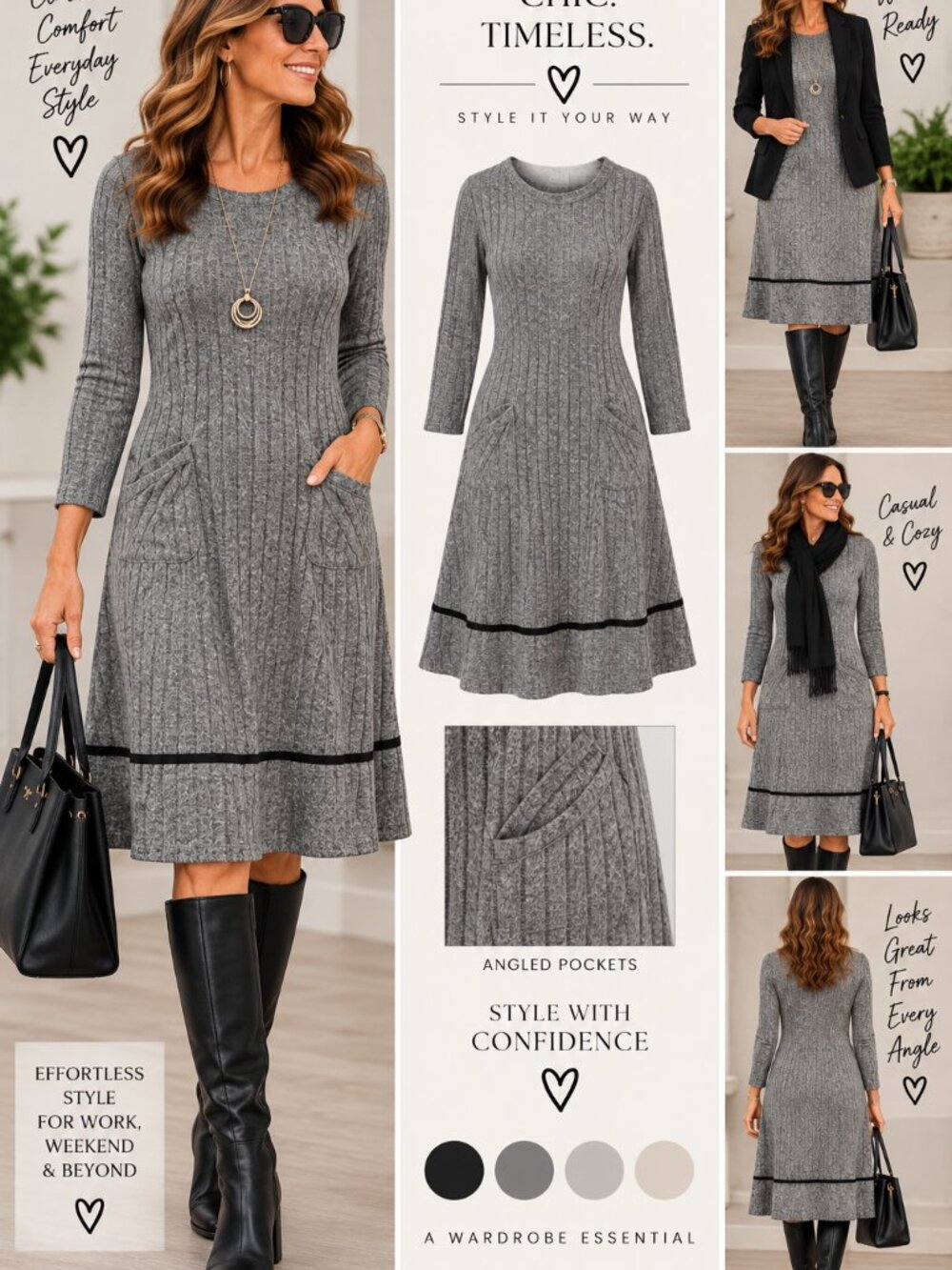 Westport Gray Ribbed Knit Dress with Pockets Size L – NWOT